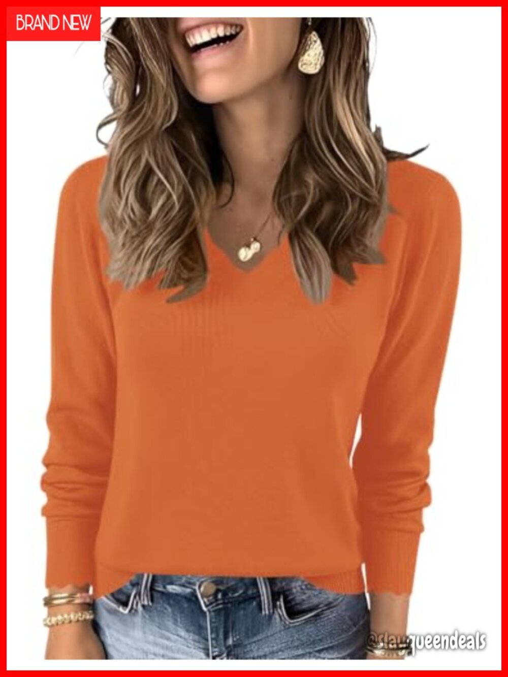 Women Scalloped V Neck Sweater Long Sleeve Loose Knit Pullover Top